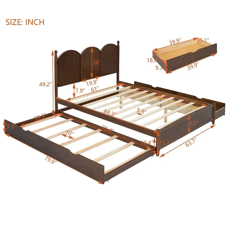 Lit plate-forme queen avec lit gigogne et tiroirs de rangement