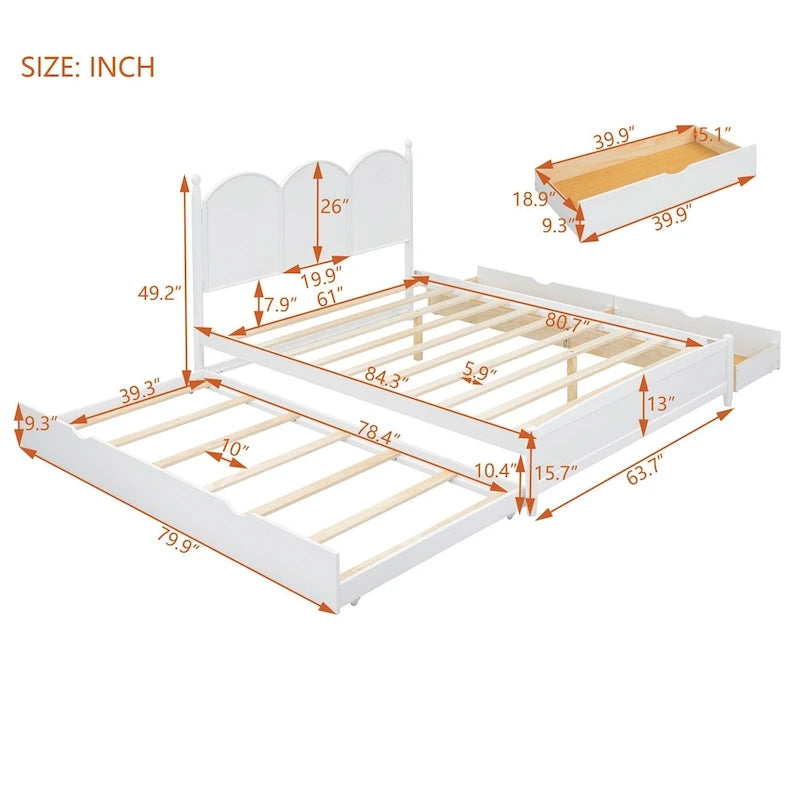 Lit plate-forme queen avec lit gigogne et tiroirs de rangement