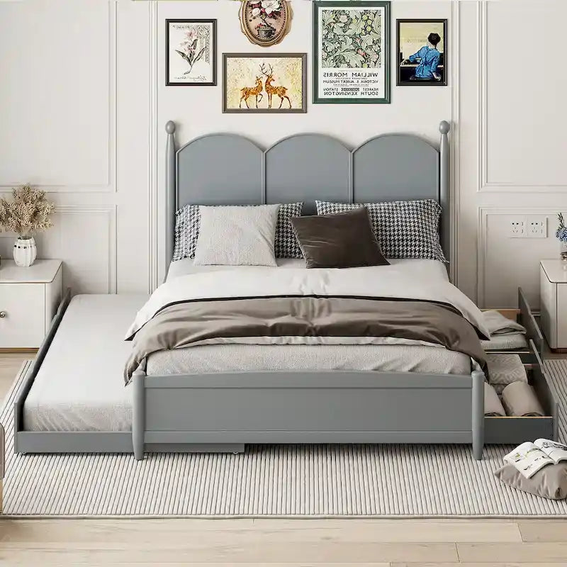 Lit plate-forme queen avec lit gigogne et tiroirs de rangement