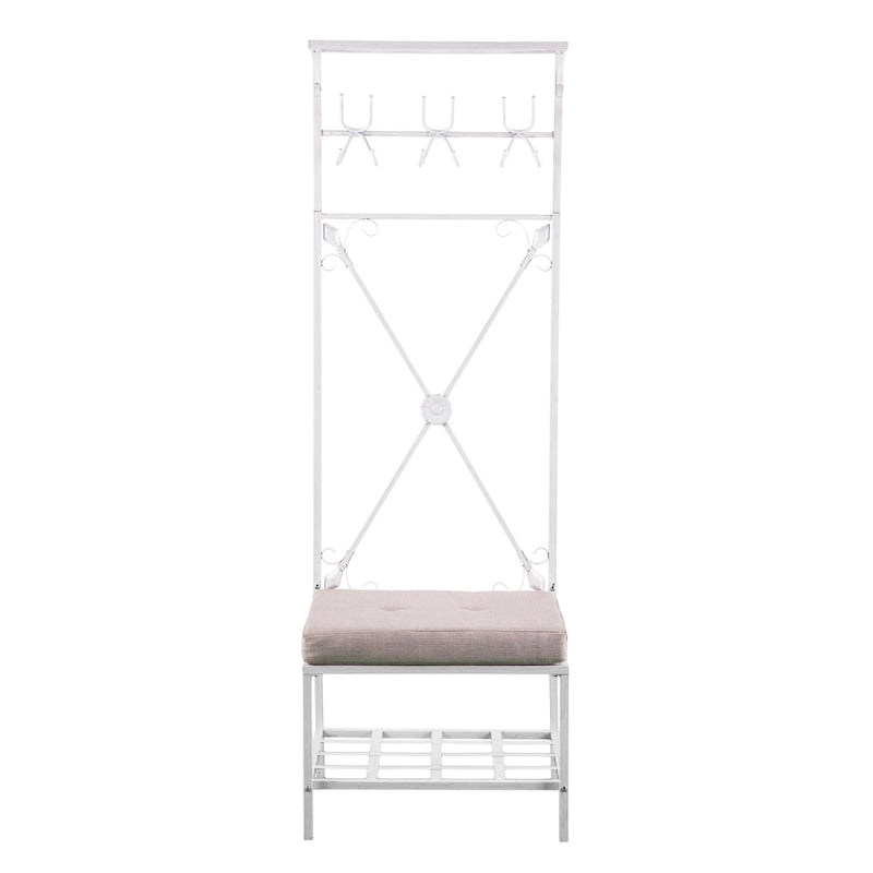 White Metal Hall Tree with Cushioned Bench, 12 Hooks & Dual Shelves