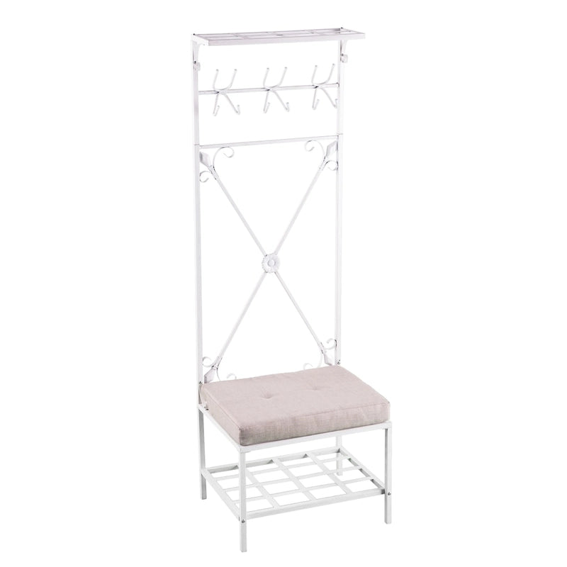 White Metal Hall Tree with Cushioned Bench, 12 Hooks & Dual Shelves