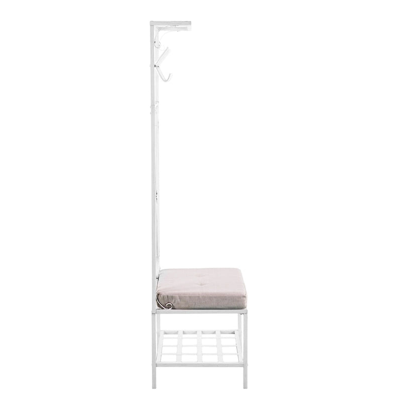 White Metal Hall Tree with Cushioned Bench, 12 Hooks & Dual Shelves