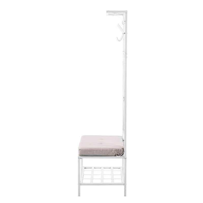 White Metal Hall Tree with Cushioned Bench, 12 Hooks & Dual Shelves