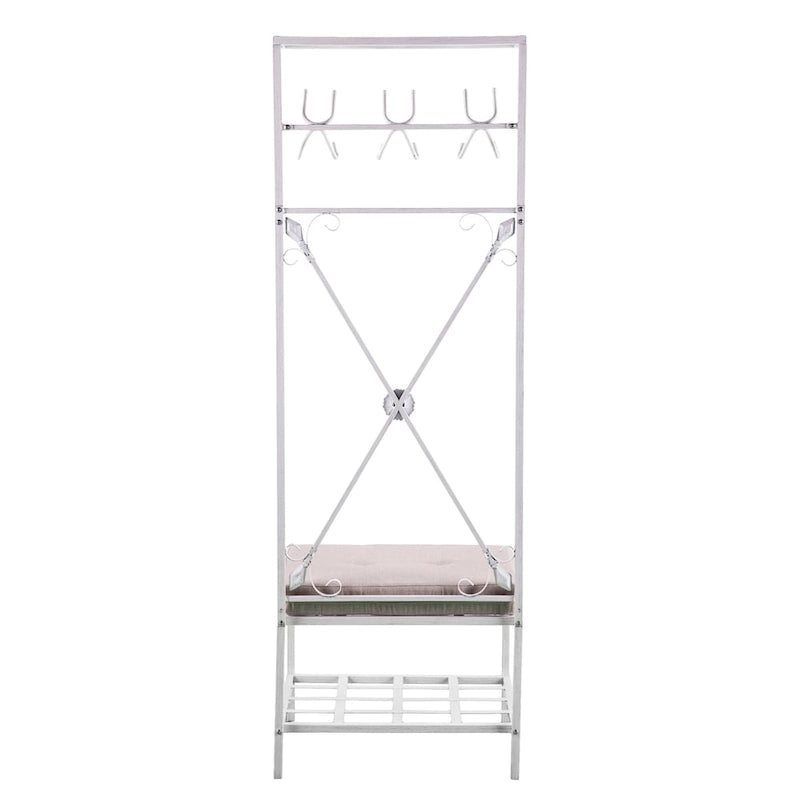 White Metal Hall Tree with Cushioned Bench, 12 Hooks & Dual Shelves