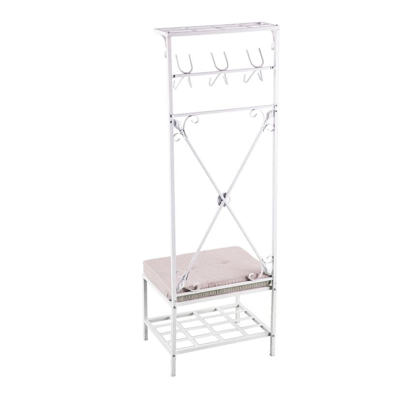 White Metal Hall Tree with Cushioned Bench, 12 Hooks & Dual Shelves