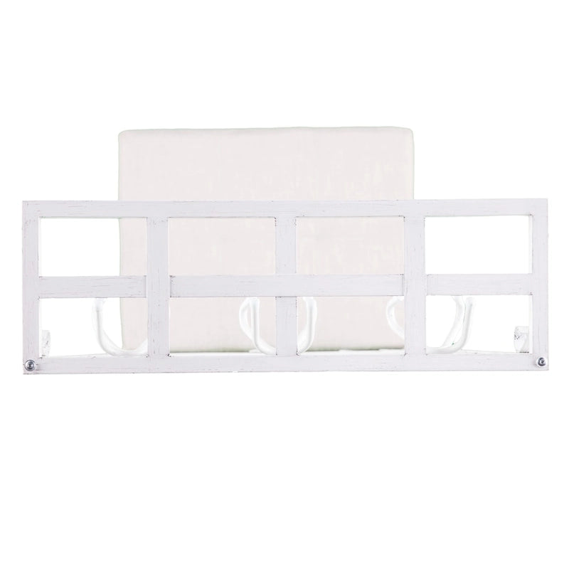 White Metal Hall Tree with Cushioned Bench, 12 Hooks & Dual Shelves