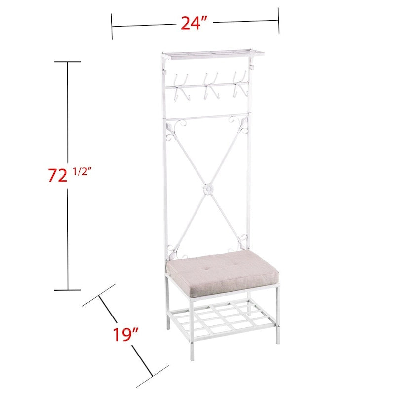 White Metal Hall Tree with Cushioned Bench, 12 Hooks & Dual Shelves