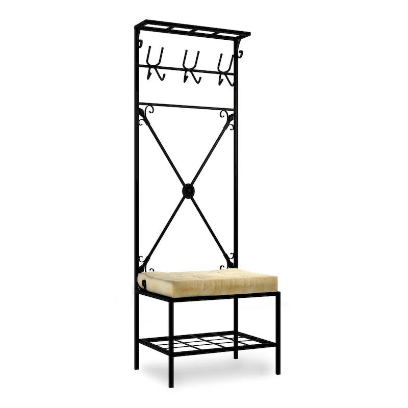Black Metal Entryway Coat Rack Bench with 12 Hooks, Cushioned Seat & 2 Shelves