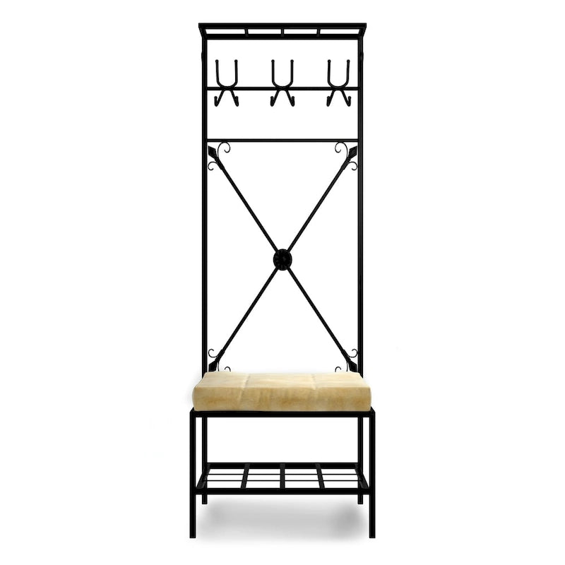 Black Metal Entryway Coat Rack Bench with 12 Hooks, Cushioned Seat & 2 Shelves