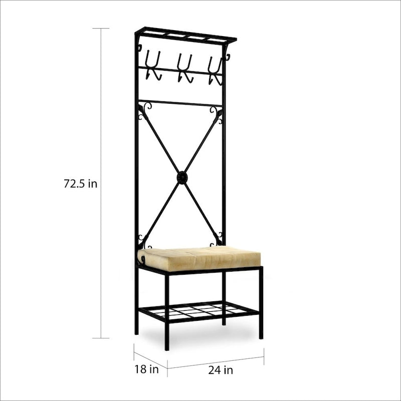Black Metal Entryway Coat Rack Bench with 12 Hooks, Cushioned Seat & 2 Shelves