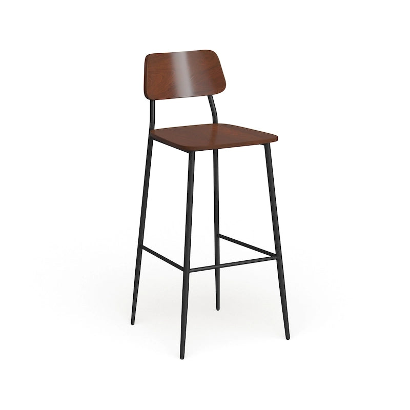 Industrial Steel & Wood Bar Stool, Set of 2 – Curved Back, Footrest, Mahogany