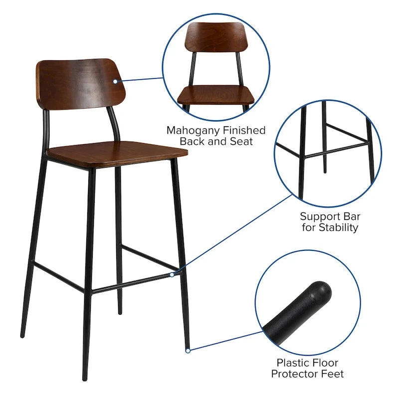 Industrial Steel & Wood Bar Stool, Set of 2 – Curved Back, Footrest, Mahogany