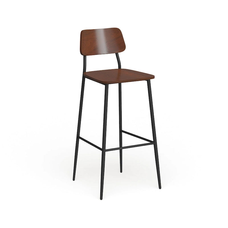 Industrial Steel & Wood Bar Stool, Set of 2 – Curved Back, Footrest, Mahogany