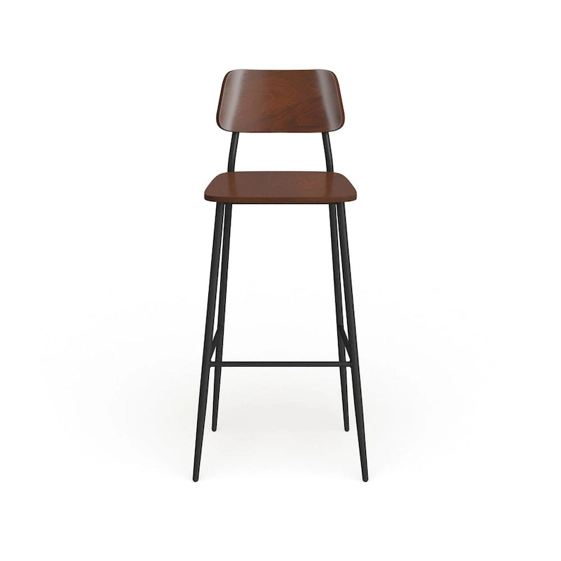 Industrial Steel & Wood Bar Stool, Set of 2 – Curved Back, Footrest, Mahogany