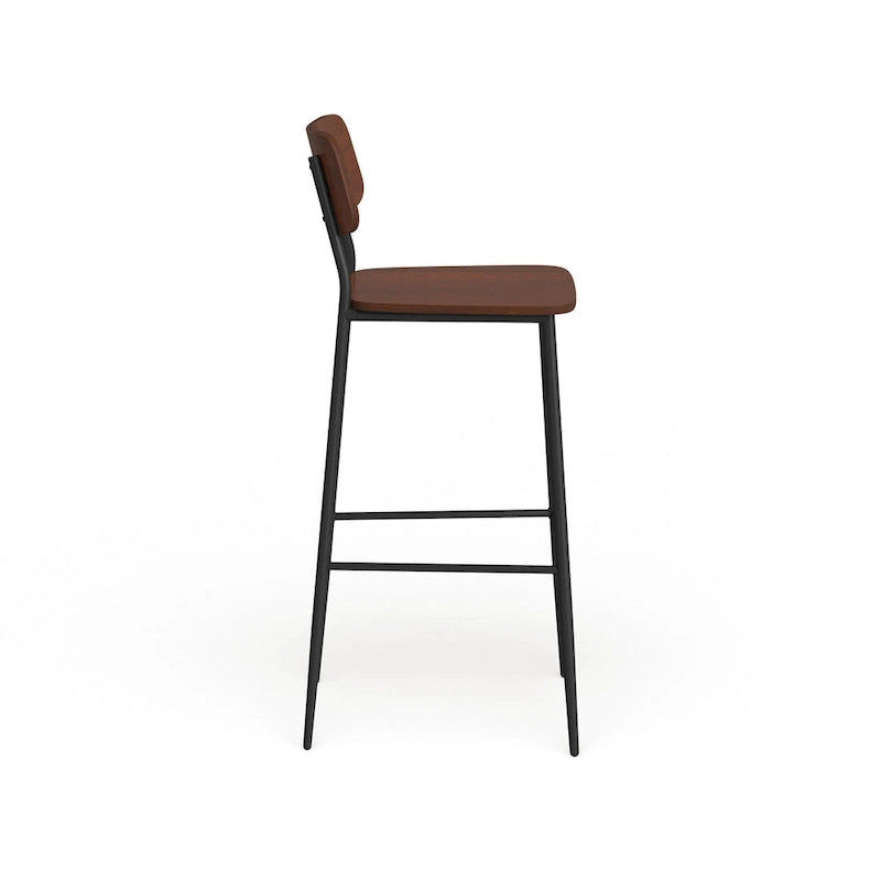 Industrial Steel & Wood Bar Stool, Set of 2 – Curved Back, Footrest, Mahogany