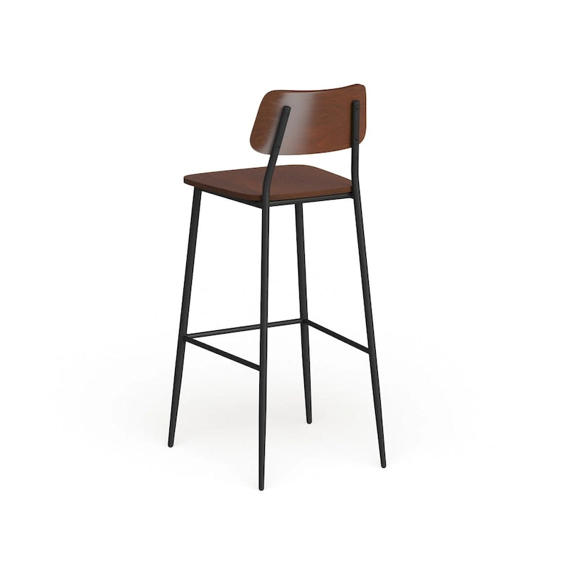 Industrial Steel & Wood Bar Stool, Set of 2 – Curved Back, Footrest, Mahogany