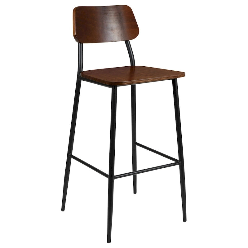 Industrial Steel & Wood Bar Stool, Set of 2 – Curved Back, Footrest, Mahogany