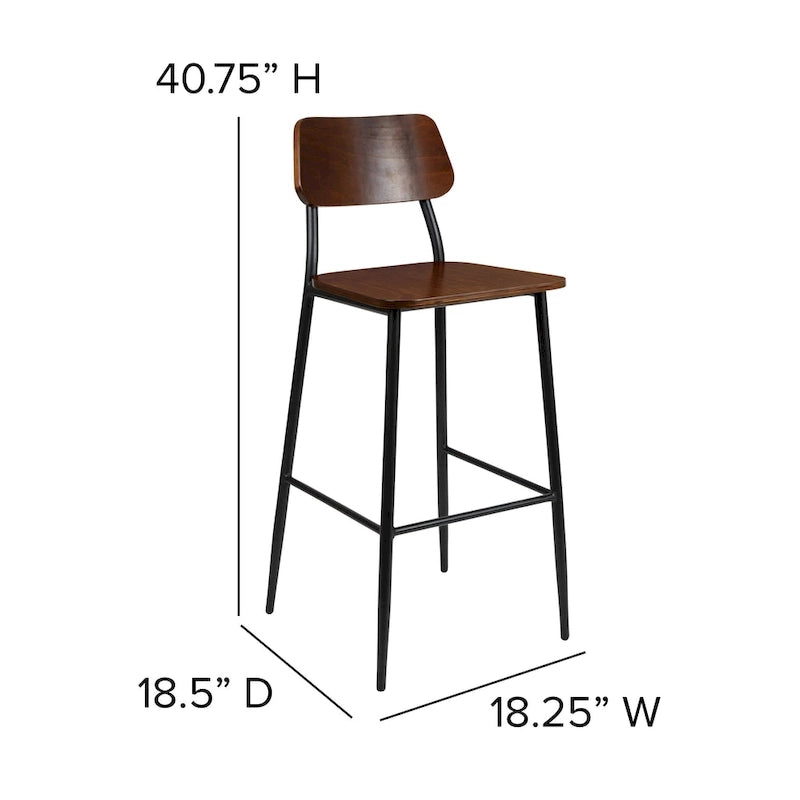 Industrial Steel & Wood Bar Stool, Set of 2 – Curved Back, Footrest, Mahogany