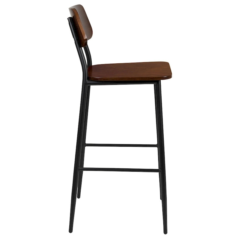 Industrial Steel & Wood Bar Stool, Set of 2 – Curved Back, Footrest, Mahogany
