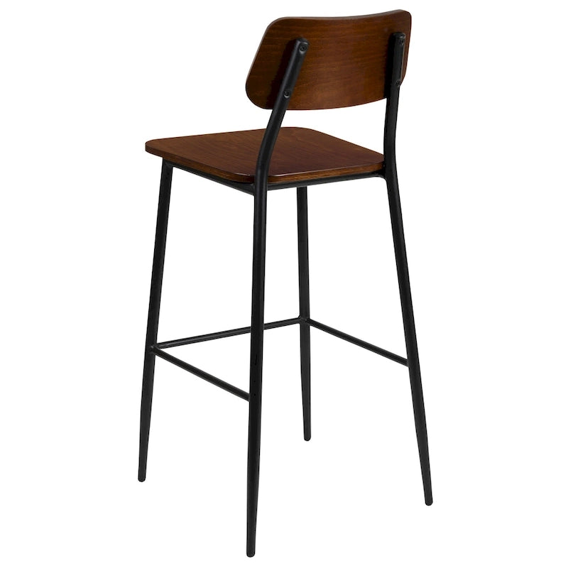 Industrial Steel & Wood Bar Stool, Set of 2 – Curved Back, Footrest, Mahogany