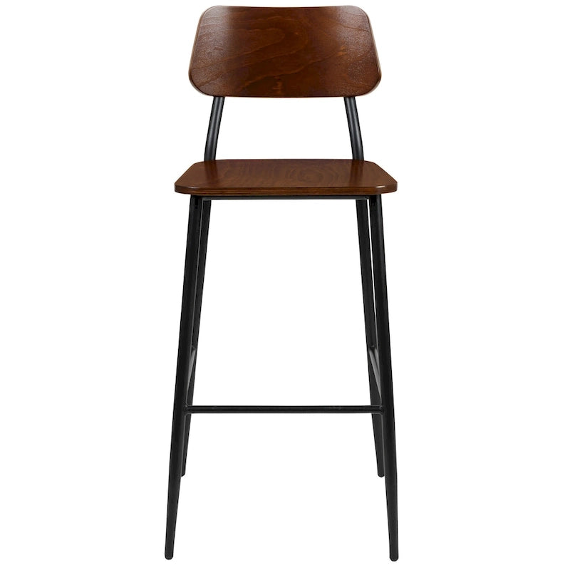 Industrial Steel & Wood Bar Stool, Set of 2 – Curved Back, Footrest, Mahogany