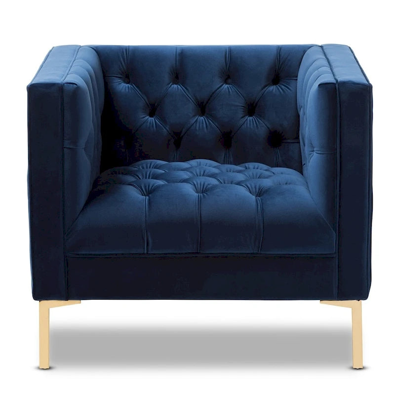 Velvet Button-Tufted Lounge Chair with Glossy Gold Legs