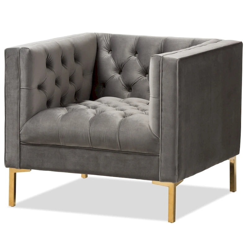 Velvet Button-Tufted Lounge Chair with Glossy Gold Legs