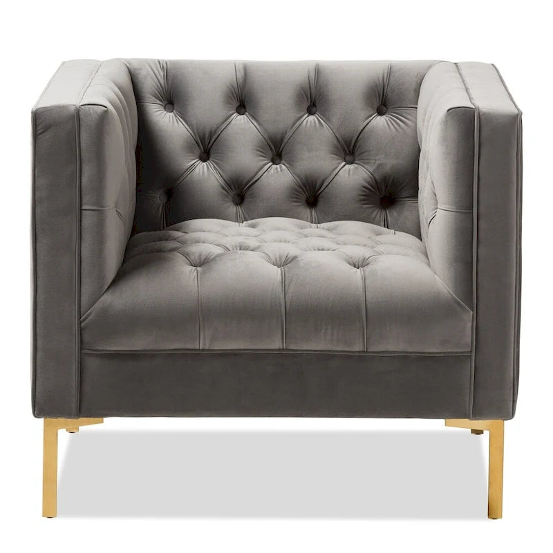 Velvet Button-Tufted Lounge Chair with Glossy Gold Legs