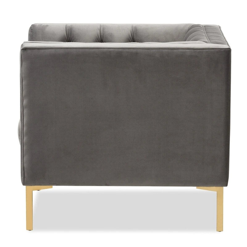 Velvet Button-Tufted Lounge Chair with Glossy Gold Legs