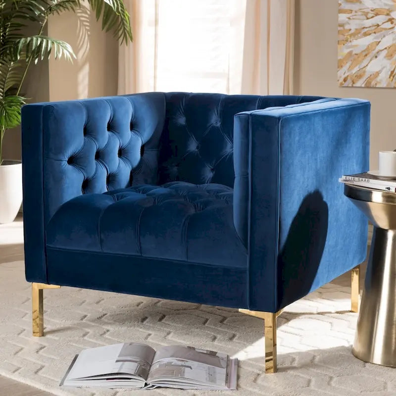 Velvet Button-Tufted Lounge Chair with Glossy Gold Legs