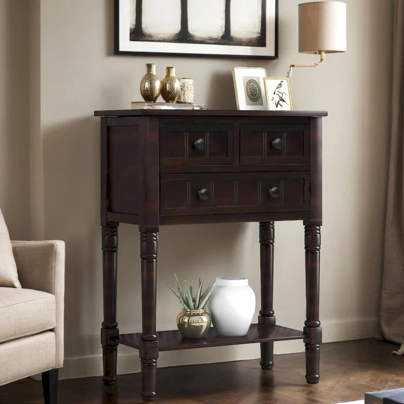 Console étroite en bois d'acacia avec 3 tiroirs et étagère ouverte – Pieds fuselés, 5 coloris