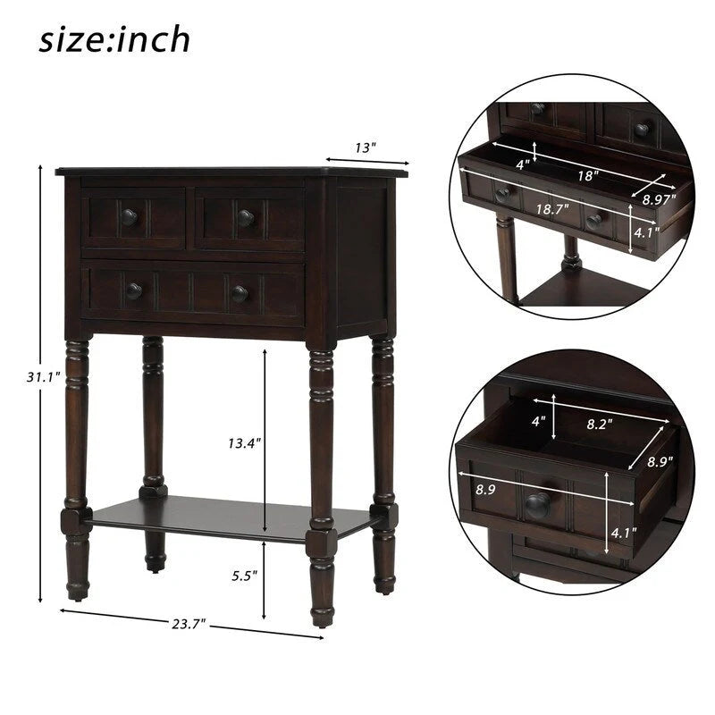 Console étroite en bois d'acacia avec 3 tiroirs et étagère ouverte – Pieds fuselés, 5 coloris