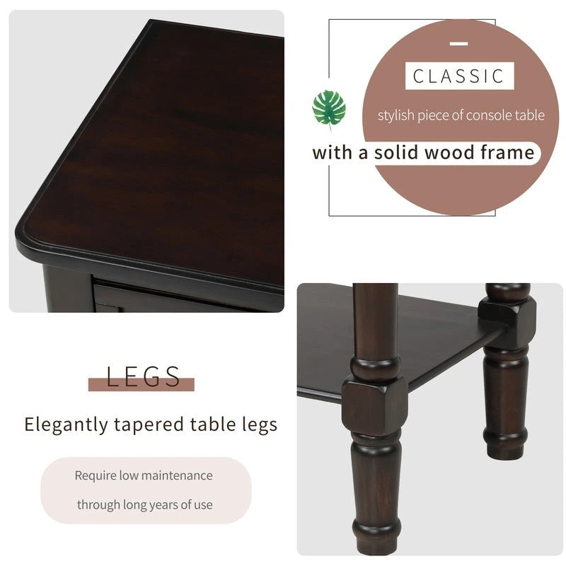 Console étroite en bois d'acacia avec 3 tiroirs et étagère ouverte – Pieds fuselés, 5 coloris