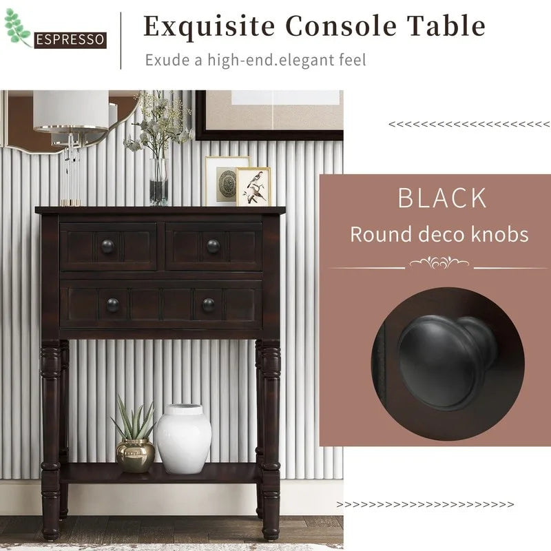 Console étroite en bois d'acacia avec 3 tiroirs et étagère ouverte – Pieds fuselés, 5 coloris