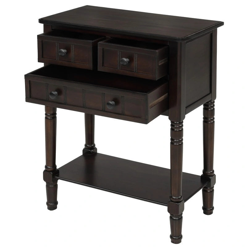 Console étroite en bois d'acacia avec 3 tiroirs et étagère ouverte – Pieds fuselés, 5 coloris