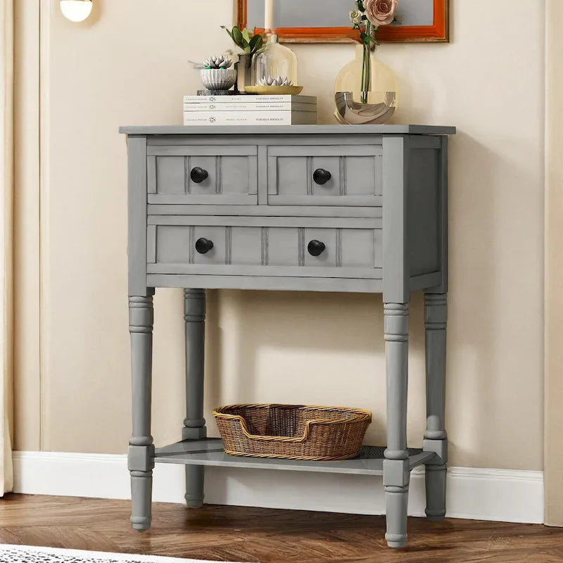 Console étroite en bois d'acacia avec 3 tiroirs et étagère ouverte – Pieds fuselés, 5 coloris