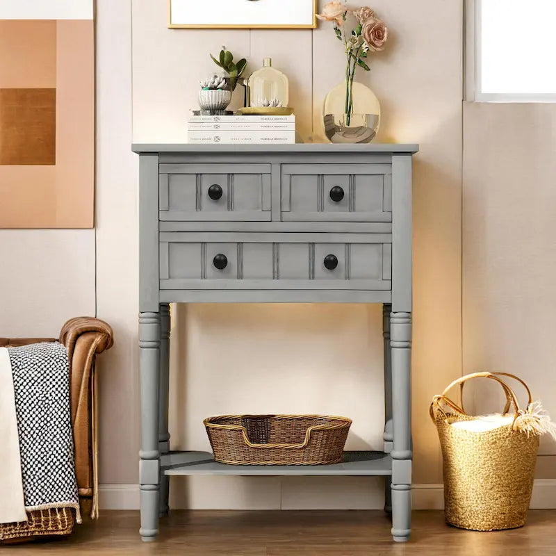 Console étroite en bois d'acacia avec 3 tiroirs et étagère ouverte – Pieds fuselés, 5 coloris