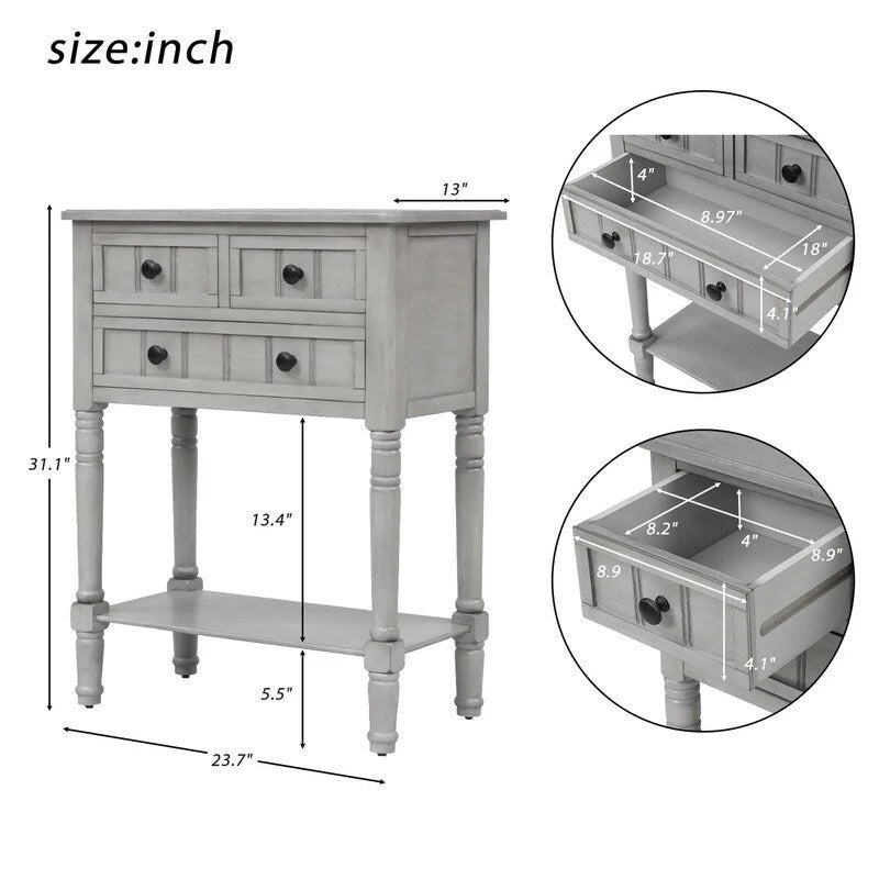 Console étroite en bois d'acacia avec 3 tiroirs et étagère ouverte – Pieds fuselés, 5 coloris