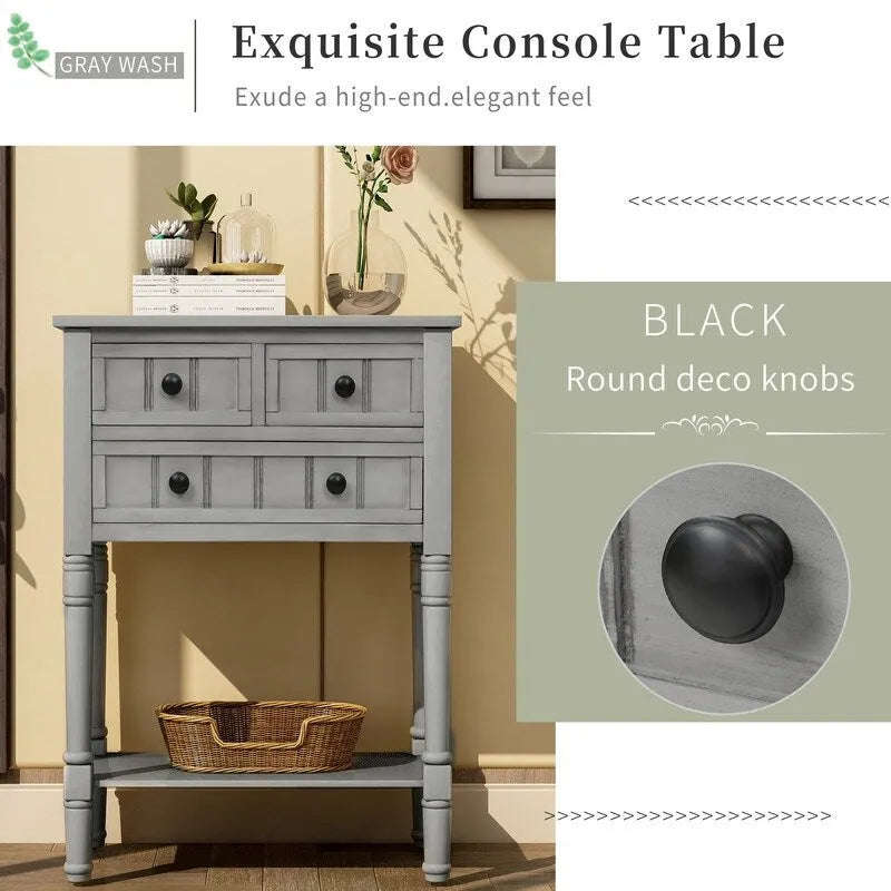 Console étroite en bois d'acacia avec 3 tiroirs et étagère ouverte – Pieds fuselés, 5 coloris