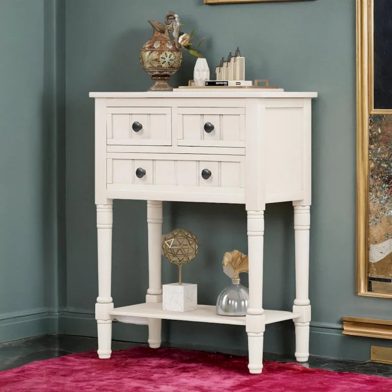 Console étroite en bois d'acacia avec 3 tiroirs et étagère ouverte – Pieds fuselés, 5 coloris