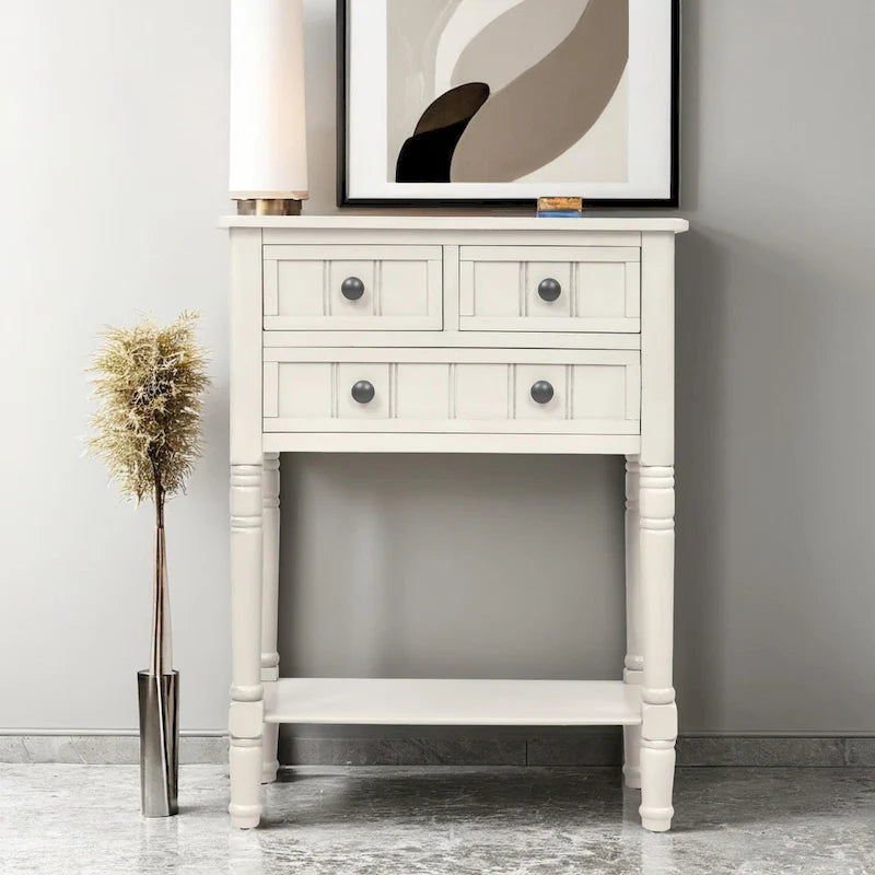 Console étroite en bois d'acacia avec 3 tiroirs et étagère ouverte – Pieds fuselés, 5 coloris