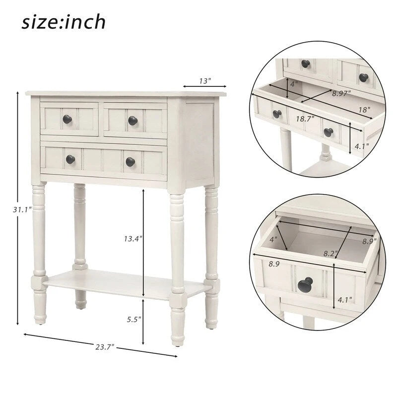 Console étroite en bois d'acacia avec 3 tiroirs et étagère ouverte – Pieds fuselés, 5 coloris