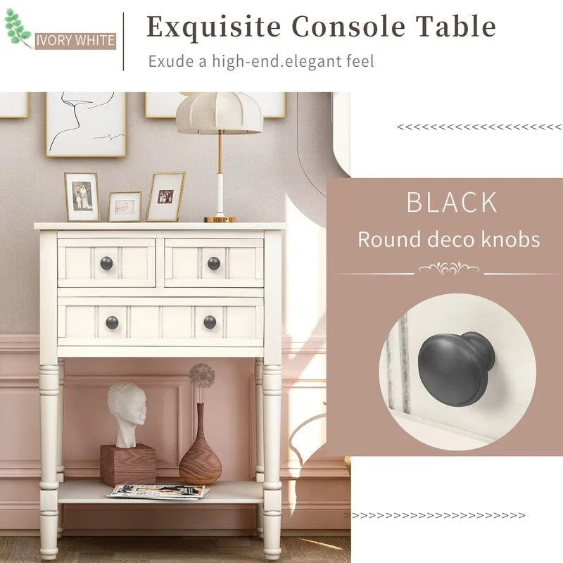 Console étroite en bois d'acacia avec 3 tiroirs et étagère ouverte – Pieds fuselés, 5 coloris