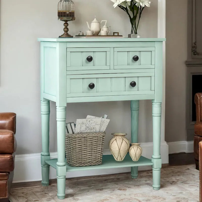 Console étroite en bois d'acacia avec 3 tiroirs et étagère ouverte – Pieds fuselés, 5 coloris