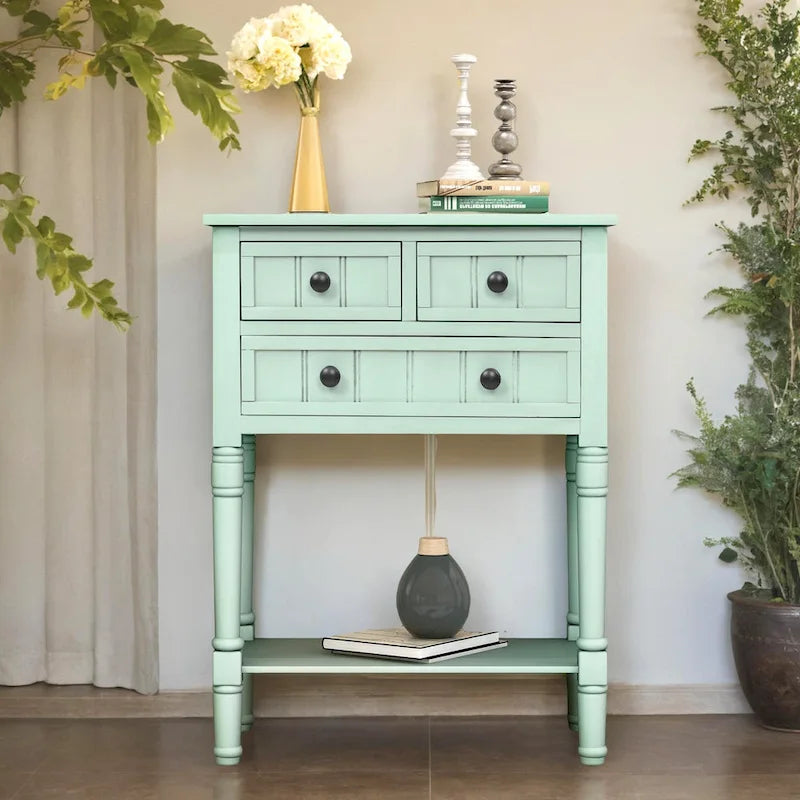 Console étroite en bois d'acacia avec 3 tiroirs et étagère ouverte – Pieds fuselés, 5 coloris