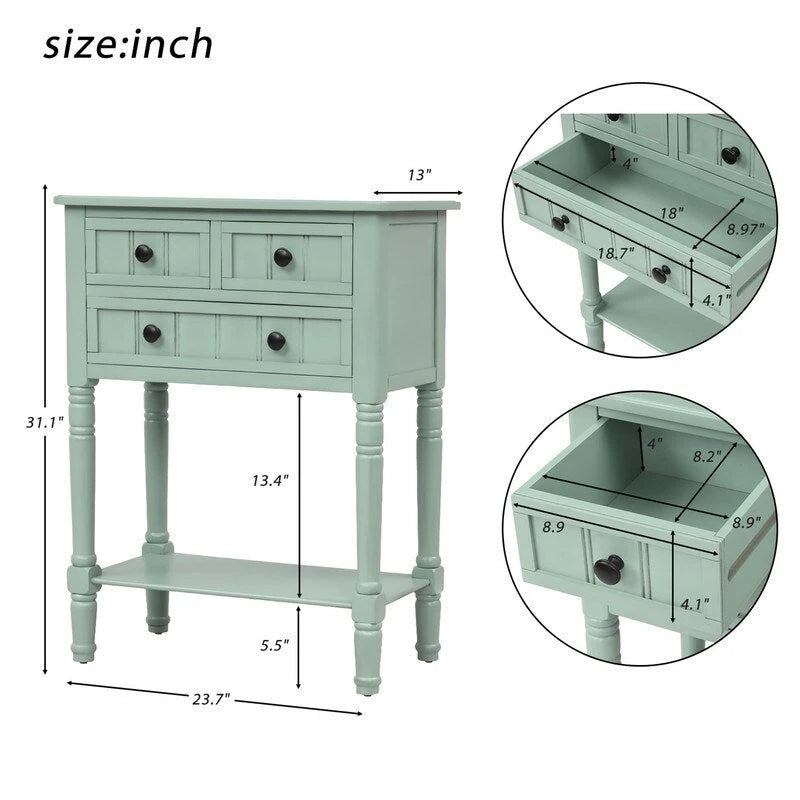 Console étroite en bois d'acacia avec 3 tiroirs et étagère ouverte – Pieds fuselés, 5 coloris