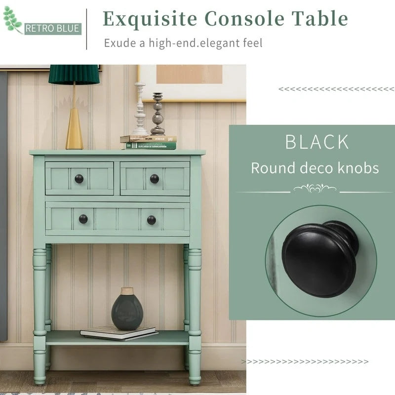 Console étroite en bois d'acacia avec 3 tiroirs et étagère ouverte – Pieds fuselés, 5 coloris