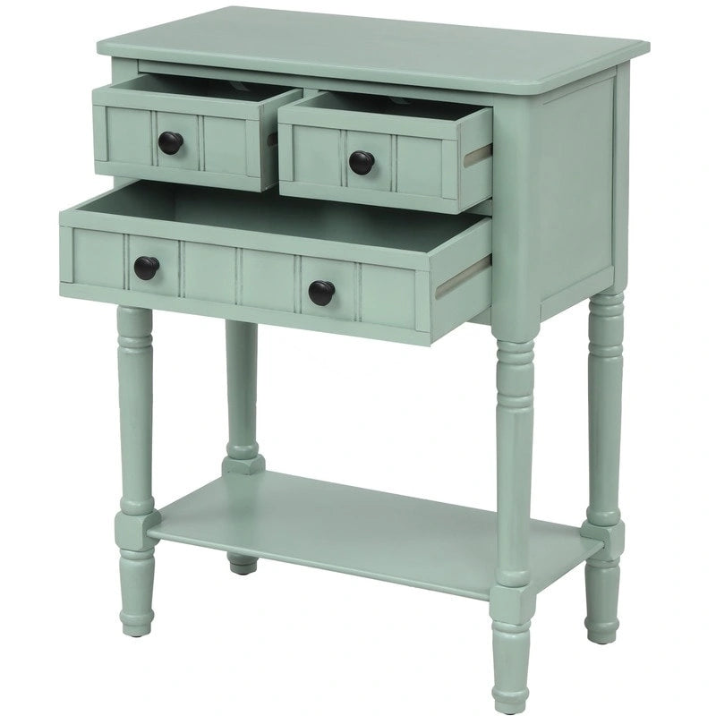 Console étroite en bois d'acacia avec 3 tiroirs et étagère ouverte – Pieds fuselés, 5 coloris