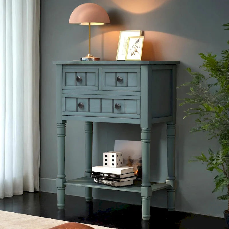Console étroite en bois d'acacia avec 3 tiroirs et étagère ouverte – Pieds fuselés, 5 coloris