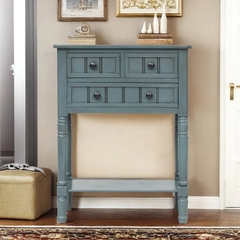 Console étroite en bois d'acacia avec 3 tiroirs et étagère ouverte – Pieds fuselés, 5 coloris